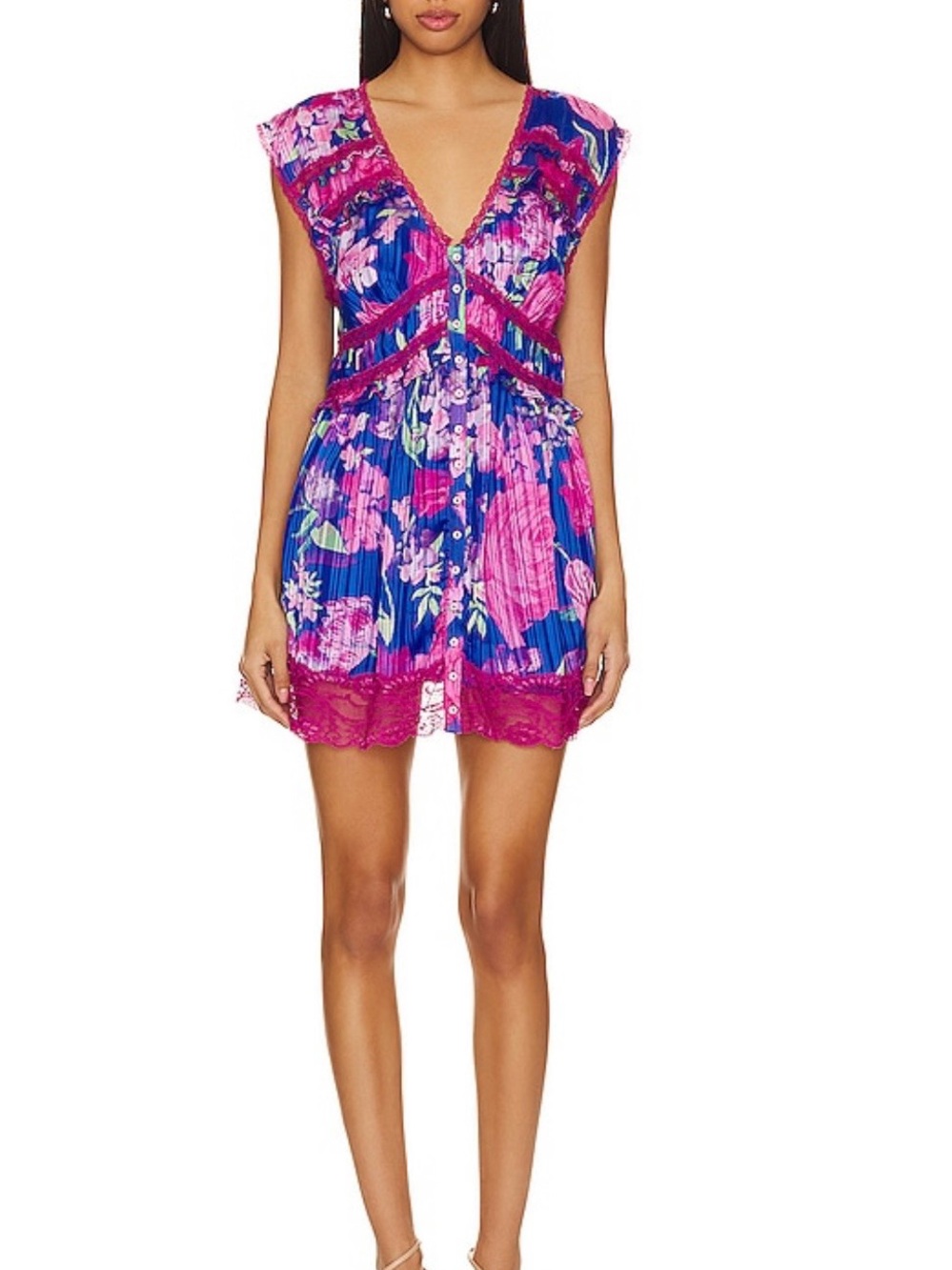 Free People Blue & Fuchsia Floral Lace-Trim Mini Dress